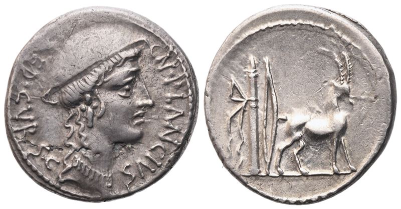 Plancius, Denario, 55 a.C. (testa femminile, causia)