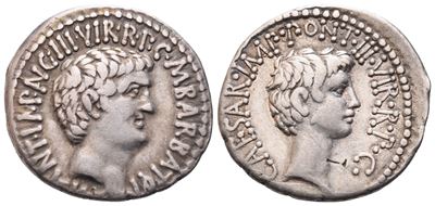 Mark Antony And C. Caesar Octavian With M. Barbatius, Denarius, Mint Moving With M. Antonius, 41 ...