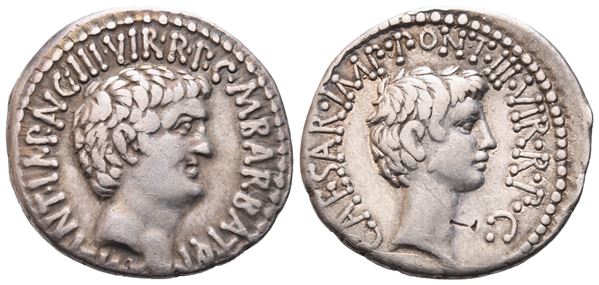 Mark Antony and C. Caesar Octavian with M. Barbatius, Denarius, Mint moving with M. Antonius, 41 BC; AR (3,65 g; 19,2 mm; 12 h) 