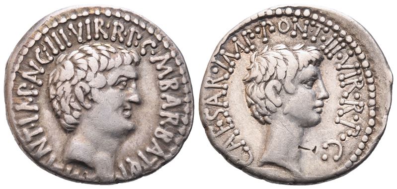 Mark Antony And C. Caesar Octavian With M. Barbatius, Denarius, Mint Moving With M. Antonius, 41 ...