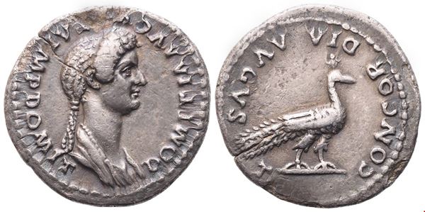 Domitia, Denarius struck under Domitian, Rome, c. 82; AR (3,38 g; 18,8 mm; 6 h)