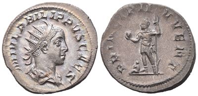 Philip II Cesare, Antoniniano con busto radiato e drappeggiato e scena dei Principes iuventutis, ...