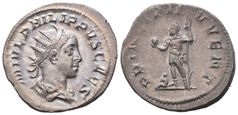 Philip II Cesare, Antoniniano con busto radiato e drappeggiato e scena dei Principes iuventutis, ...