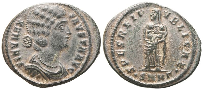 Fausta, Nummus con busto velato e personificazione di Spes Reipublicae, zecca di Cizico, 325–326 ...