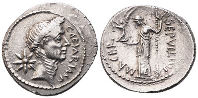 Giulio Cesare e P. Sepullius Macer, Denario repubblicano (44 a.C.), AR