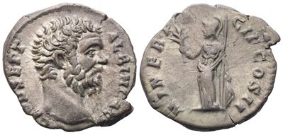 Clodius Albinus, Denario con testa di Clodius Albinus come Cesare e Minerva stante (Roma, 194-195...