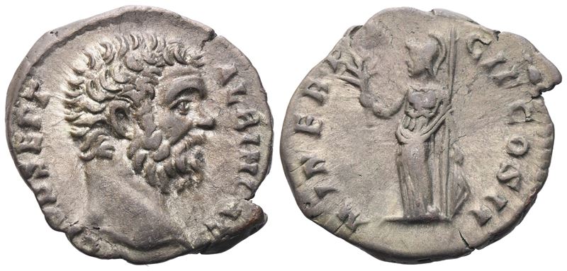 Clodius Albinus, Denario con testa di Clodius Albinus come Cesare e Minerva stante (Roma, 194-195...