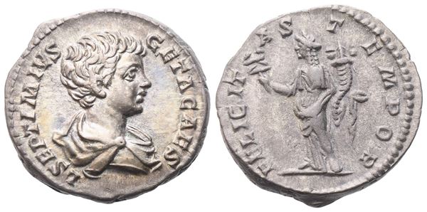 Geta as Caesar, Denarius struck under Septimius Severus and Caracalla, Rome, 198-200; AR (3,39 g; 17,6 mm; 7 h)
