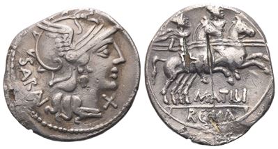 M. Atilius Saranus, Denarius, 148 Bc; Ar (3,06 G; 19 MM; 10 H)
