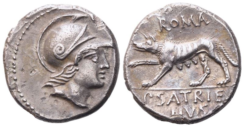 P. Satrienus, Denario repubblicano, 77 a.C.