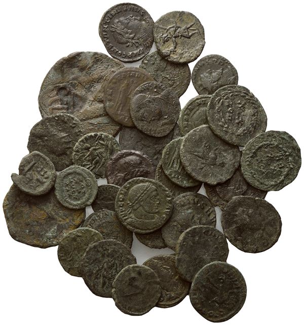 Lot of 33 Roman coins to be catalogued. Lot sold as is, no returns.
