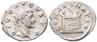 Imperatore Augusto (Divo Augustus), Antoniniano commemorativo, emissione sotto Traiano Decio, AR