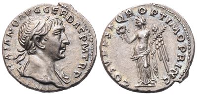 Traiano (117–138), Denario romano con busto laureato e Vittoria stante
