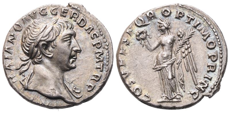 Traiano (117–138), Denario romano con busto laureato e Vittoria stante