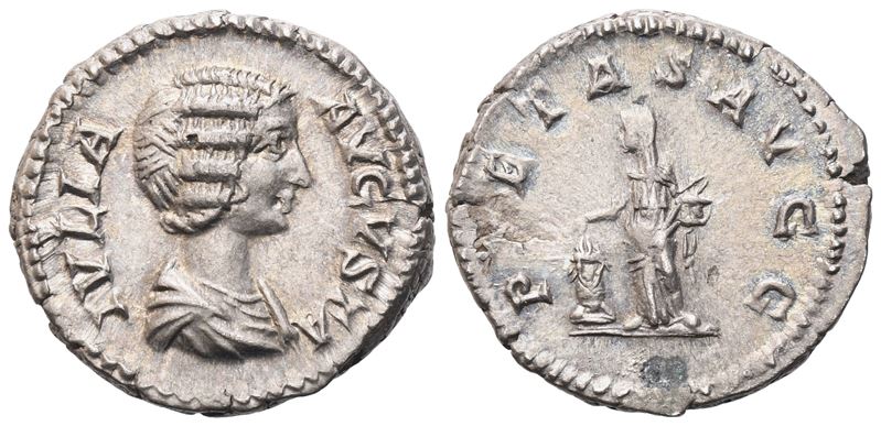 Julia Domna, Denario con busto velato e Pietas, Roma, 196-211