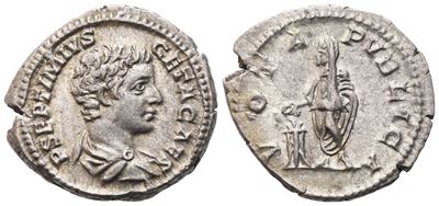 Septimius Geta (Geta Caesar), Denario in argento con legenda P SEPTIMIVS GETA CAES (Roma), 206-20...