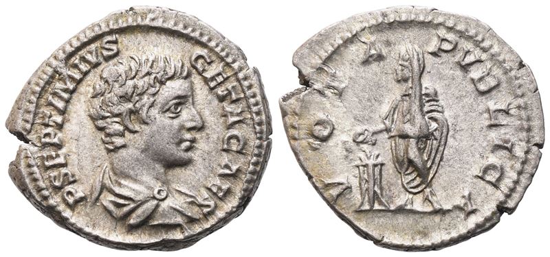 Septimius Geta (Geta Caesar), Denario in argento con legenda P SEPTIMIVS GETA CAES (Roma), 206-20...