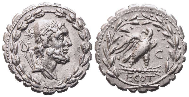 L. Aurelius Cotta, Denarius serratus, 105 BC; AR (3,91 g; 18,8 mm; 11 h)