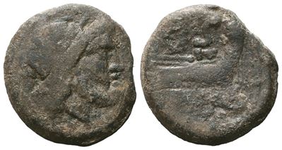 Anonimo, Semis con testa laureata di Saturno a destra e rovescio con prow, Æ (circa 211–208 a.C.)