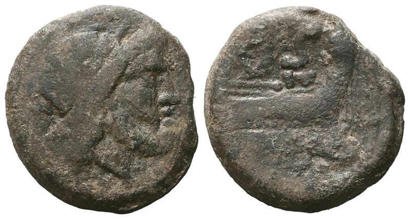 Anonimo, Semis con testa laureata di Saturno a destra e rovescio con prow, Æ (circa 211–208 a.C.)