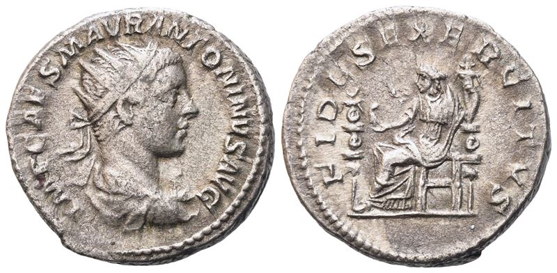 IMP CAES M AVR ANTONINVS AVG, Fides Exercitus, Antoninianus (Elagabal, 218–222), Roma, 219, AR