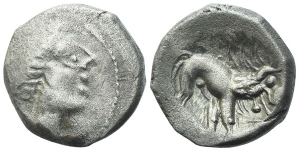 Gaul, Southern Insubres, Tetrobol (Imitating Massalia), 1st century BC; AR (2,26 g; 14 mm)