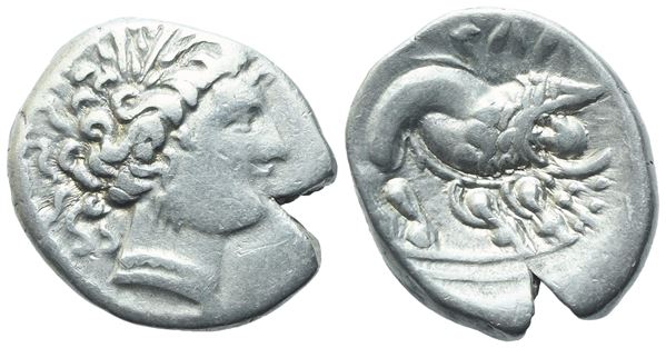 Gaul, Southern Insubres, Tetrobol (Imitating Massalia), 1st century BC; AR (2,92 g; 15,5 mm 3 h)