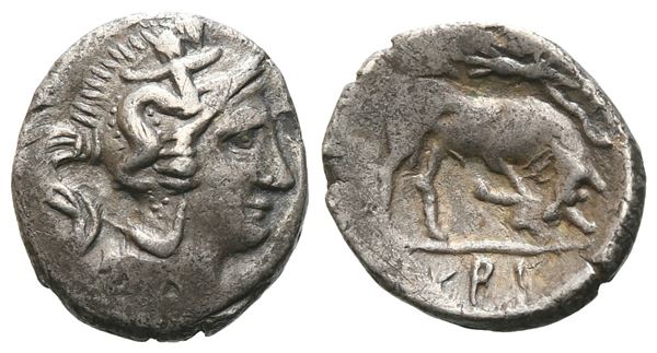 Southern Lucania, Thourioi, c. 350-300 BC. AR Triobol (13 mm, 1.18 g).  - Auction GREEK & ROMAN PROVINCIAL COINS AND NUMISMATIC LITERATURE Including a wide selection of Alexandrian Coins from the Dattari Collection - Bertolami Fine Art - Prague