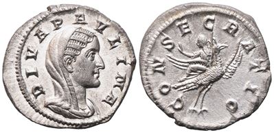 Anonimo romano (II-III secolo), Denario AR con ritratto velato di Diva Paulina e rovescio Consecr...
