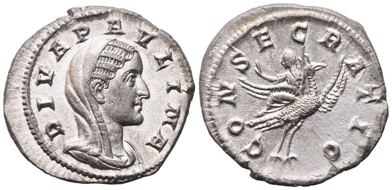 Anonimo romano (II-III secolo), Denario AR con ritratto velato di Diva Paulina e rovescio Consecr...