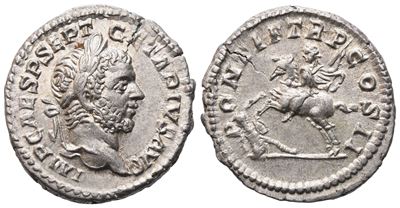 Geta, Geta (198–211), Denario romano con testa laureata e Geta su cavallo