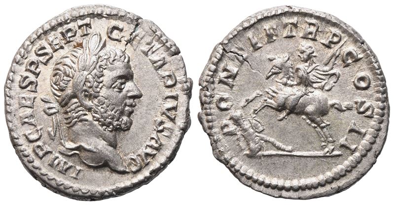 Geta, Geta (198–211), Denario romano con testa laureata e Geta su cavallo