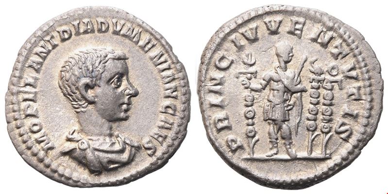 Diadumenian, Denario coniato sotto Macrino (Roma, 218 d.C.)