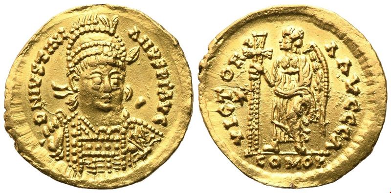 Anonimo, Solidus di Giustiniano I (527–565), Roma — oro (AV), busto con lancia e scudo; Vittoria ...