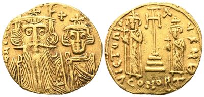 Constans II (641-668) With Constantine IV, Heraclius, And Tiberius, Solidus; Constantinople Mint;...