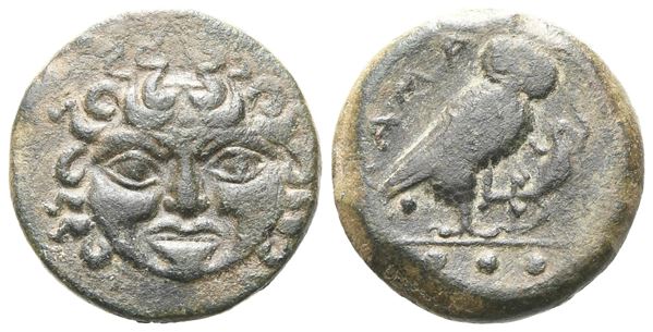 Sicily, Kamarina, c. 420-405 BC. Æ Tetras (16 mm, 3.97 g).  - Auction GREEK & ROMAN PROVINCIAL COINS AND NUMISMATIC LITERATURE Including a wide selection of Alexandrian Coins from the Dattari Collection - Bertolami Fine Art - Prague
