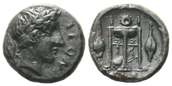 Sicily, Leontinoi, c. 405-402 BC. Æ Tetras - Trionkion (13 mm, 1.86 g).