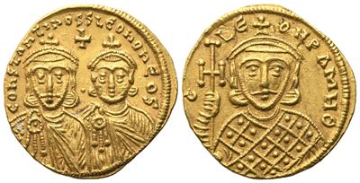 Costantino V (741–775) con Leone IV e Leone III, Solidus, Costantinopoli