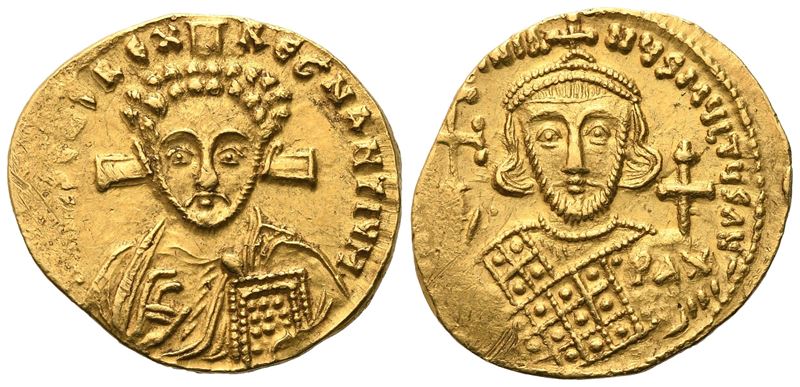 Giustiniano II, Solidus (Seconda reggenza), busto frontale di Giustiniano II e Cristo Pantokrator