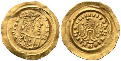 Pseudo-Imperial Coinage (Lombards), Tremissis in nome di Maurizio Tiberio, incerto re (c. 620-690...