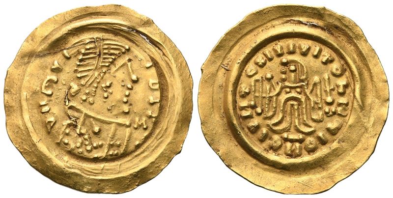 Pseudo-Imperial Coinage (Lombards), Tremissis in nome di Maurizio Tiberio, incerto re (c. 620-690...