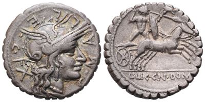 L. Licinius Crassus And Cn. Domitius Ahenobarbus With C. Malleolus, Denarius Serratus, Narbo, 118...