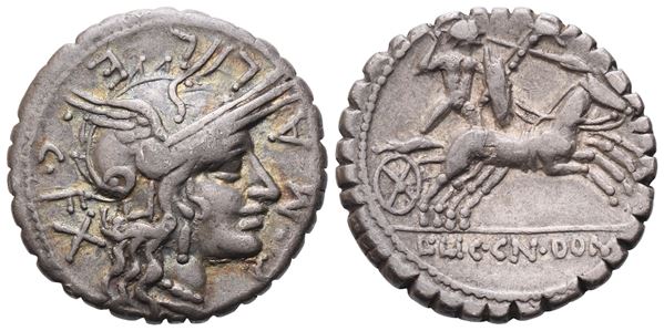 L. Licinius Crassus and Cn. Domitius Ahenobarbus with C. Malleolus, Denarius Serratus, 118 BC; AR (3,85 g; 18,3 mm; 6 h)
