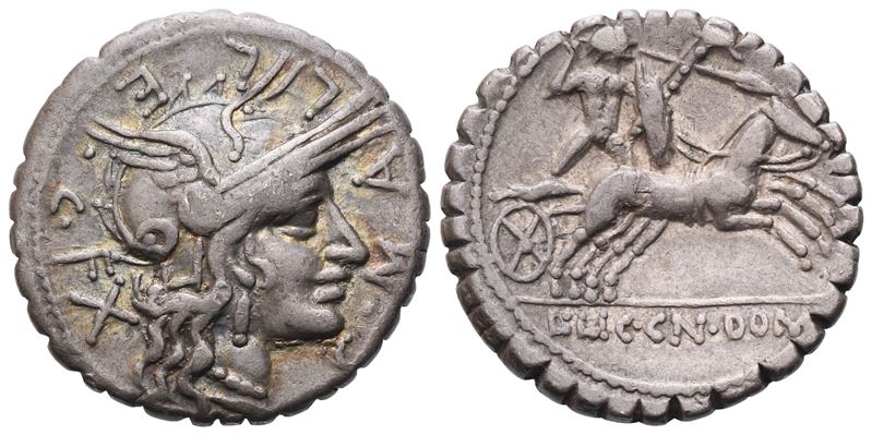 L. Licinius Crassus And Cn. Domitius Ahenobarbus With C. Malleolus, Denarius Serratus, Narbo, 118...