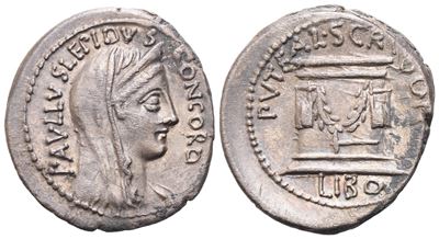 L. Aemilius Lepidus Paullus e L. Scribonius Libo, Denario romano (AR), Concordia e Puteal Scribon...