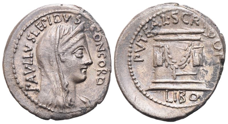 L. Aemilius Lepidus Paullus e L. Scribonius Libo, Denario romano (AR), Concordia e Puteal Scribon...
