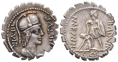 Aquillius, Denario serrato di virtus (71 a.C.), AR