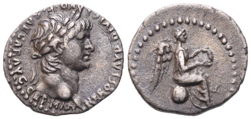 Nero, Hemidrachm di Cesarea (AR) con testa laureata al diritto e Vittoria al rovescio