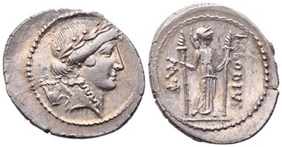 P. Clodius Turrinus, Denario (42 a.C.), testa laureata di Apollo e Diana con torce