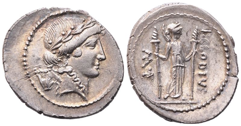 P. Clodius Turrinus, Denario (42 a.C.), testa laureata di Apollo e Diana con torce
